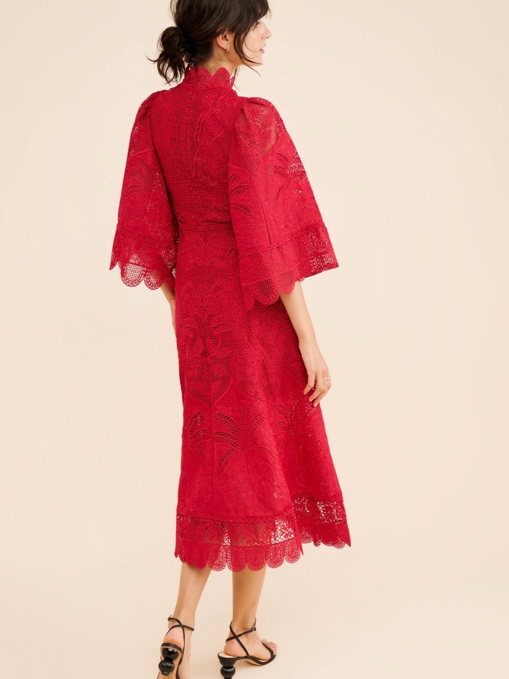 FARM Rio Guipire Cut Out Red Lace Midi Dress with Scalloped Bell Sleeves - Picture 4 of 4